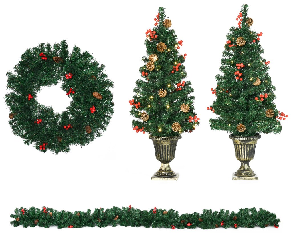 HOMCOM Set de decoratiuni pentru Craciun set 4 piese, coroana de ghirlande si set de 2 copaci cu lumini LED | AOSOM RO