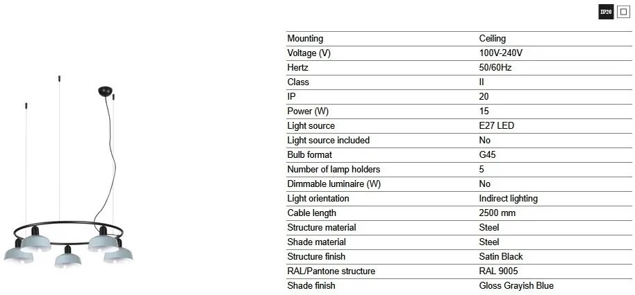 Lustra suspendata metal TATAWIN S 5L negru, blue