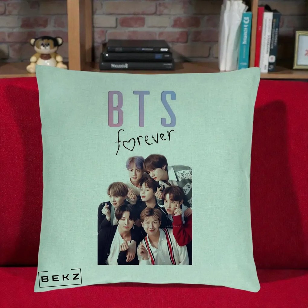 Perna Personalizata K-pop BTS Forever cu Foto Grup Negru, 40x40 cm, Verde Menta, Husa Detasabila, Perna Inclusa, BEKZ®
