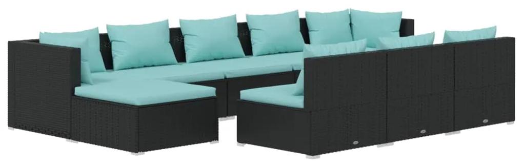 Set mobilier de gradina cu perne, 10 piese, negru, poliratan negru si albastru acvatic, 2x colt + 6x mijloc + 2x suport pentru picioare, 1
