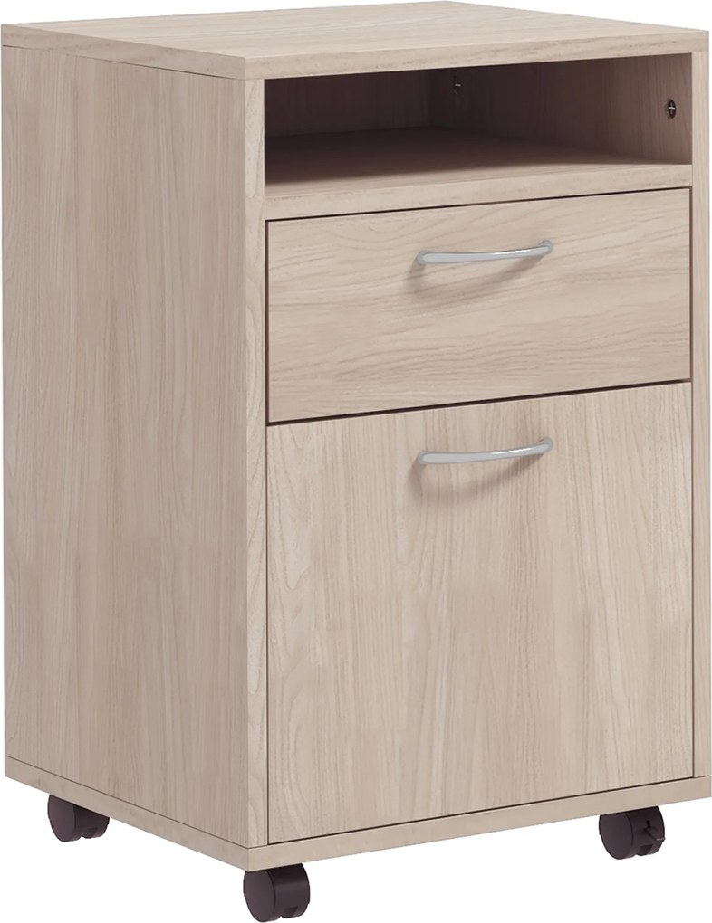 HOMCOM Dulap de Birou cu 4 Roți, Raft Deschis, 2 Sertare, Mobilier de Birou din Lemn și Metal, 40x35x60 cm, Lemn Natural | Aosom Romania