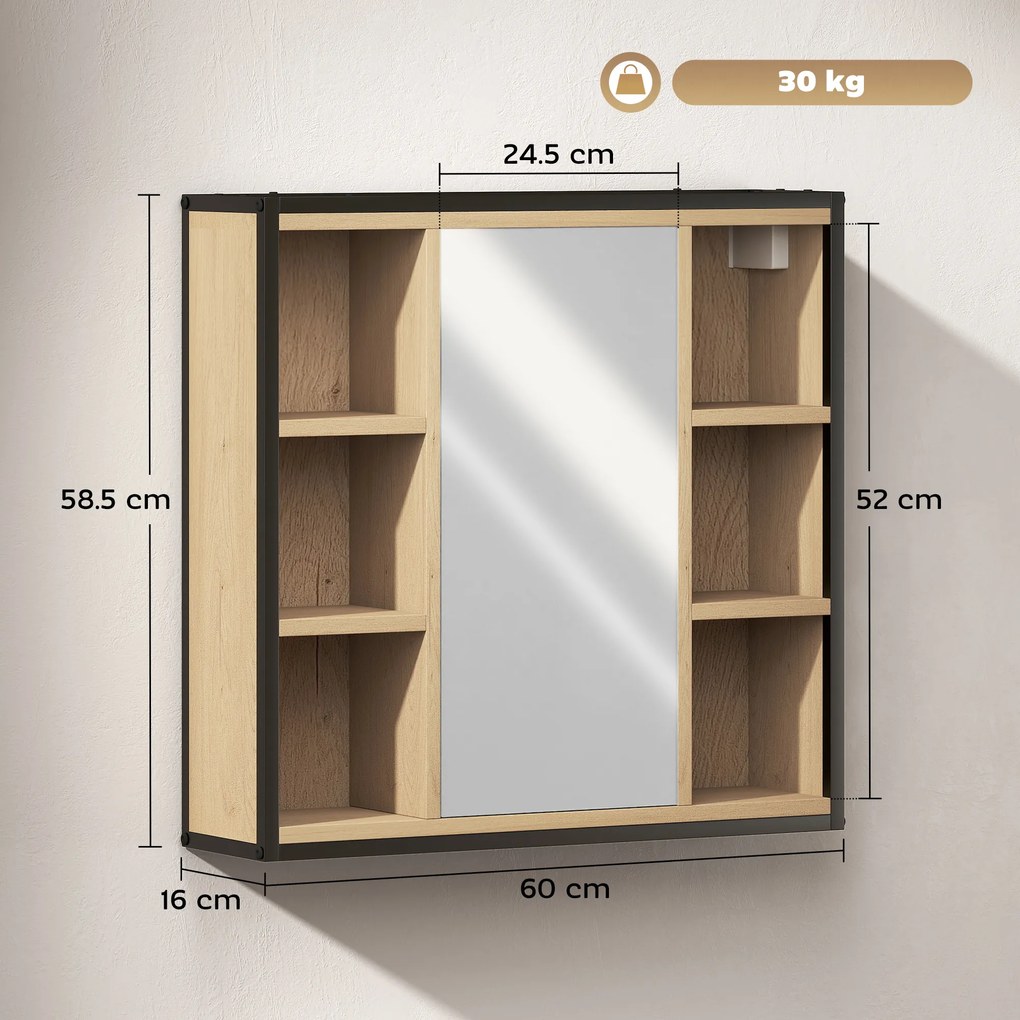 HOMCOM Dulap de perete baie cu oglindă, 52 x 24,5 cm cu 6 compartimente deschise și raft reglabil, stejar | Aosom Romania