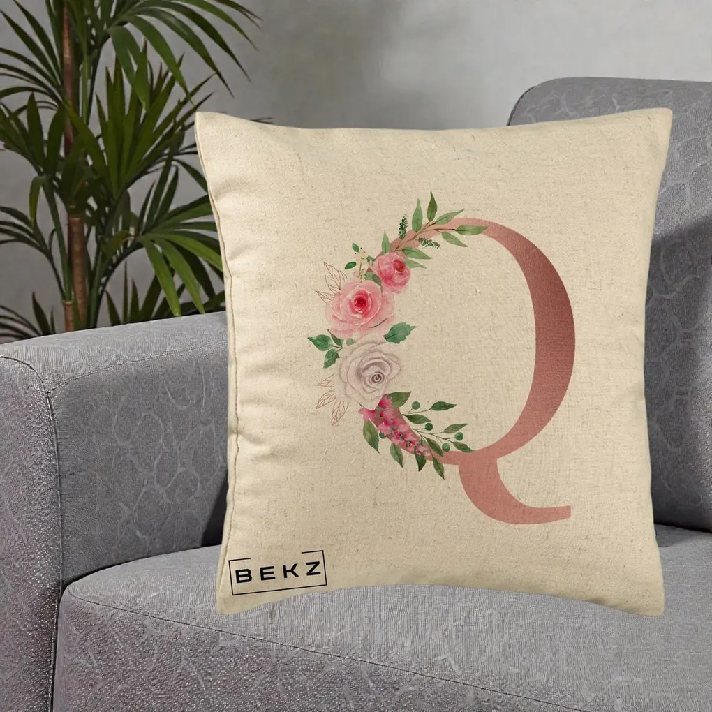 Cadou Personalizat - Perna Personalizata Monograma Rose Gold Litera Q, 40x40 cm, Bej, Husa Detasabila, Perna Inclusa, BEKZ®