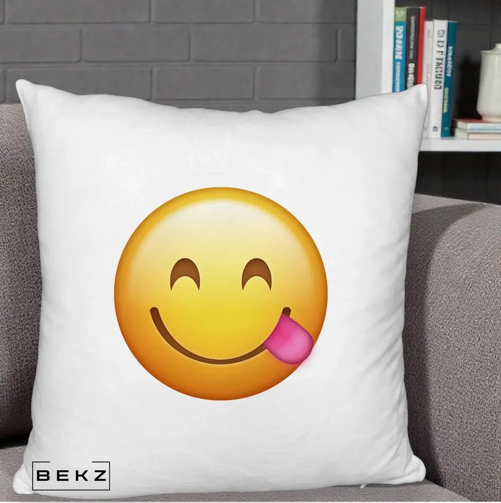 Perna Decorativa Emoji Limba Scoasa, 40x40 cm, Alb Pufos, Husa Detasabila, Perna Inclusa, BEKZ®