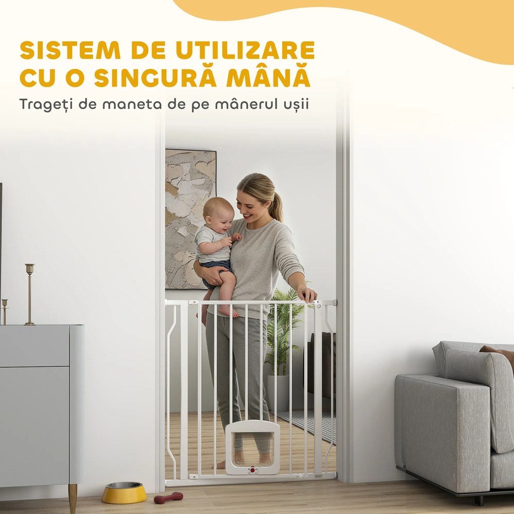 PawHut Poartă pentru Câini și Pisici Extensibilă cu Ușă Integrată, Poartă din Oțel și ABS, 75-85x2x76 cm, Alb | Aosom Romania
