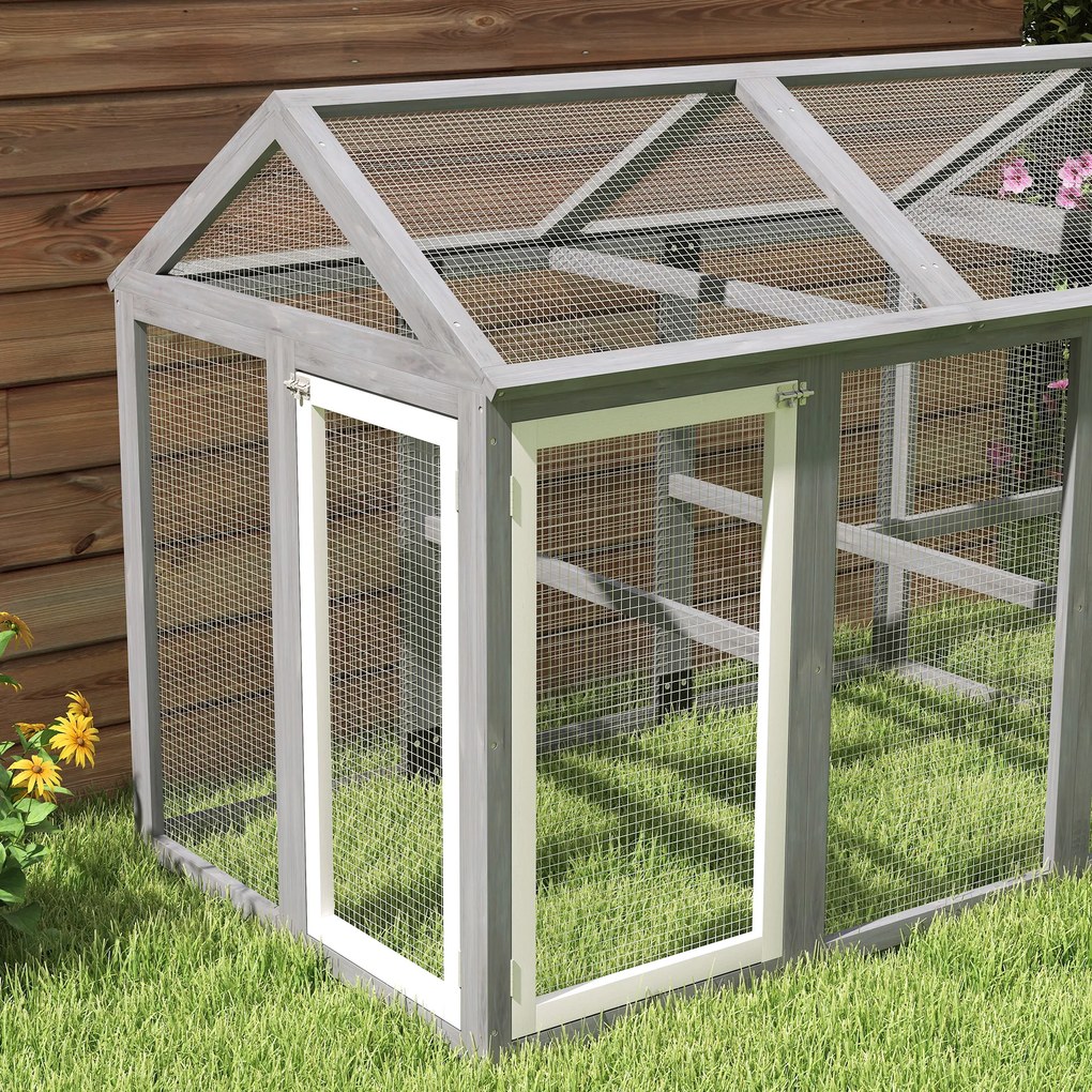 PawHut Incintă pentru găini 1,18 m², parc cu plasă și uși cu închidere, cadru din lemn masiv, 140 x 88,5 x 106 cm, gri | Aosom Romania