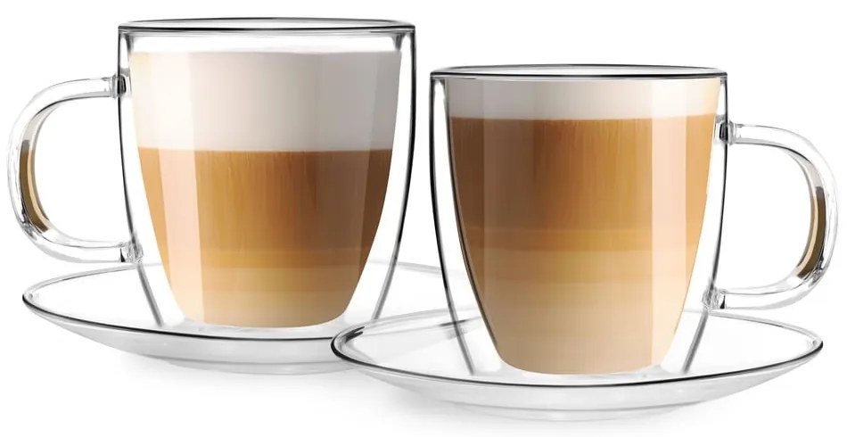 Set 2 pahare din sticlă cu perete dublu și farfurioară Vialli Design, 250 ml