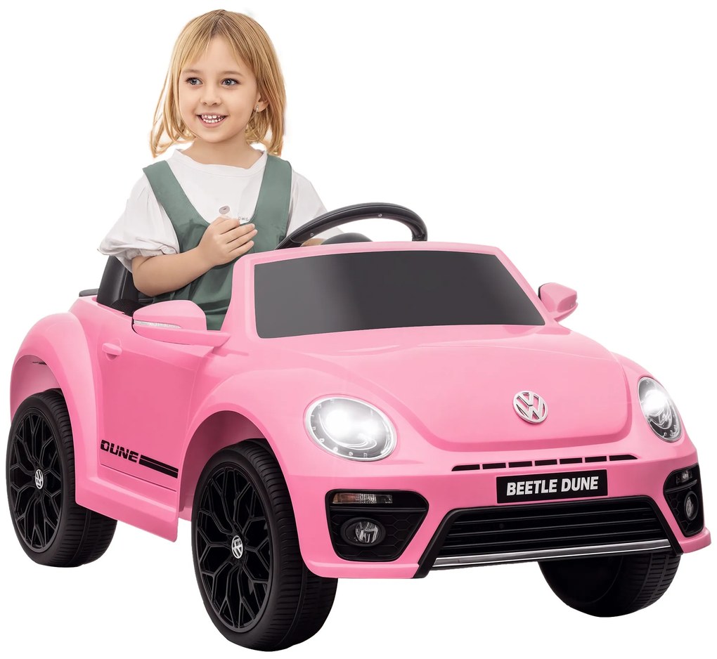 AIYAPLAY Mașină electrică pentru copii, VW Beetle, 3-5 km/h, cu telecomandă & muzică, roz | Aosom Romania