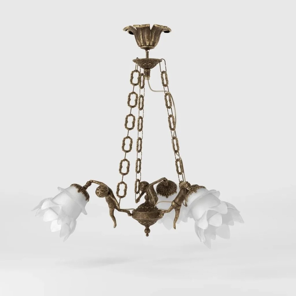 Candelabru 3 brate din alama cu abajur din sticla Putti