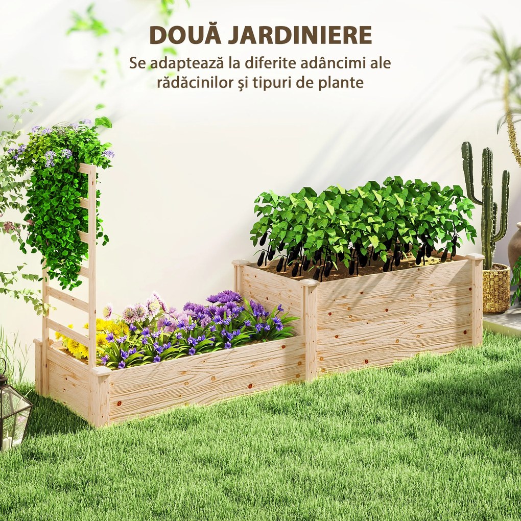 Outsunny Pat Înălțat pentru Grădină cu Grilaj, Bază Deschisă și 2 Despărțitoare, 222x63x132 cm, Lemn Natural | Aosom Romania