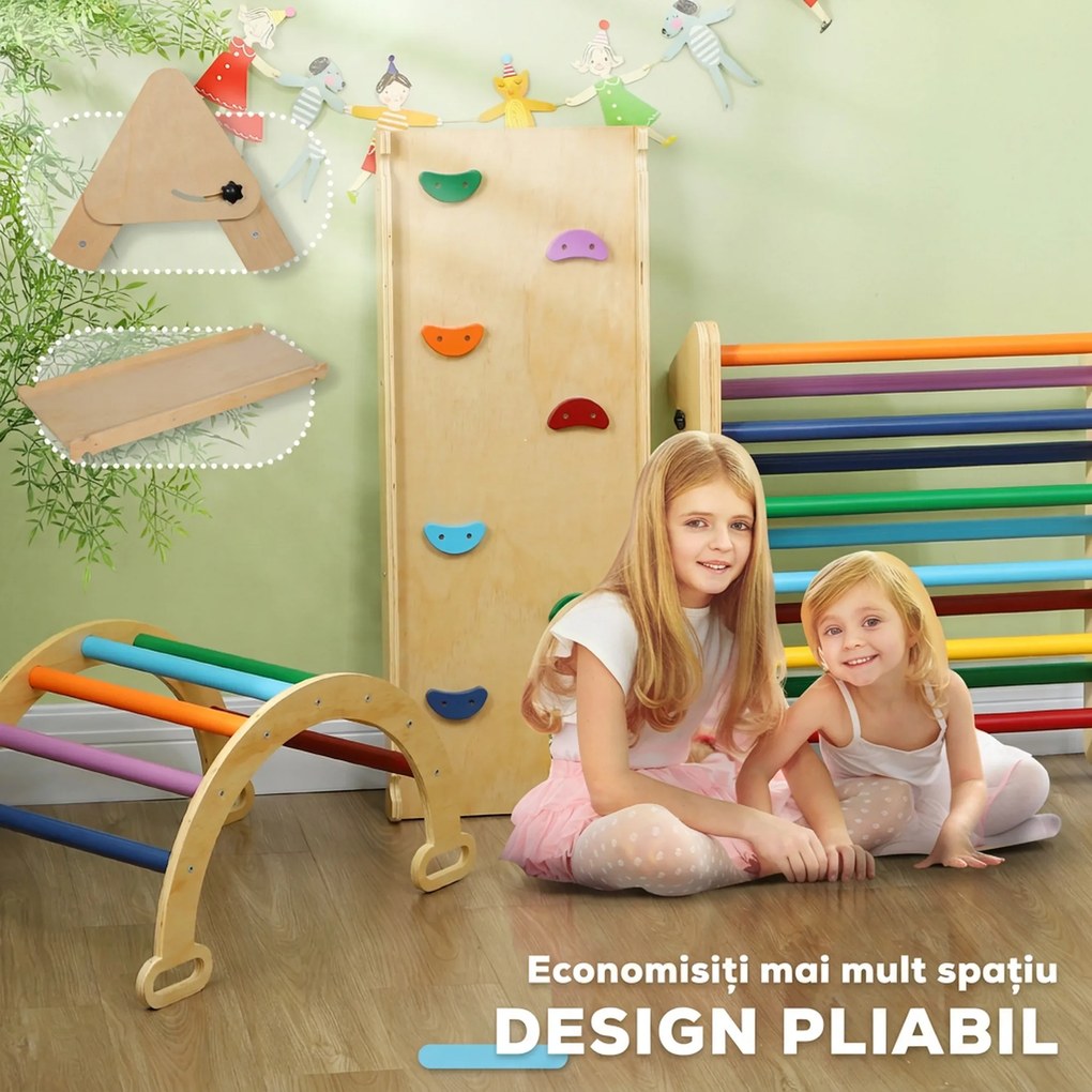 AIYAPLAY Set de Cățărat pentru Copii 5 în 1 cu Triunghi, Arcadă și Rampă, Perfect pentru Copii, 178x64,5x63 cm, Multicolor | Aosom Romania