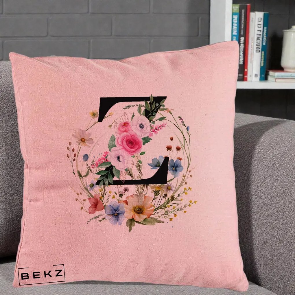 Cadou Personalizat - Perna Personalizata Monograma Florala Litera Z cu Coroana, 40x40 cm, Roz, Husa Detasabila, Perna Inclusa, BEKZ®