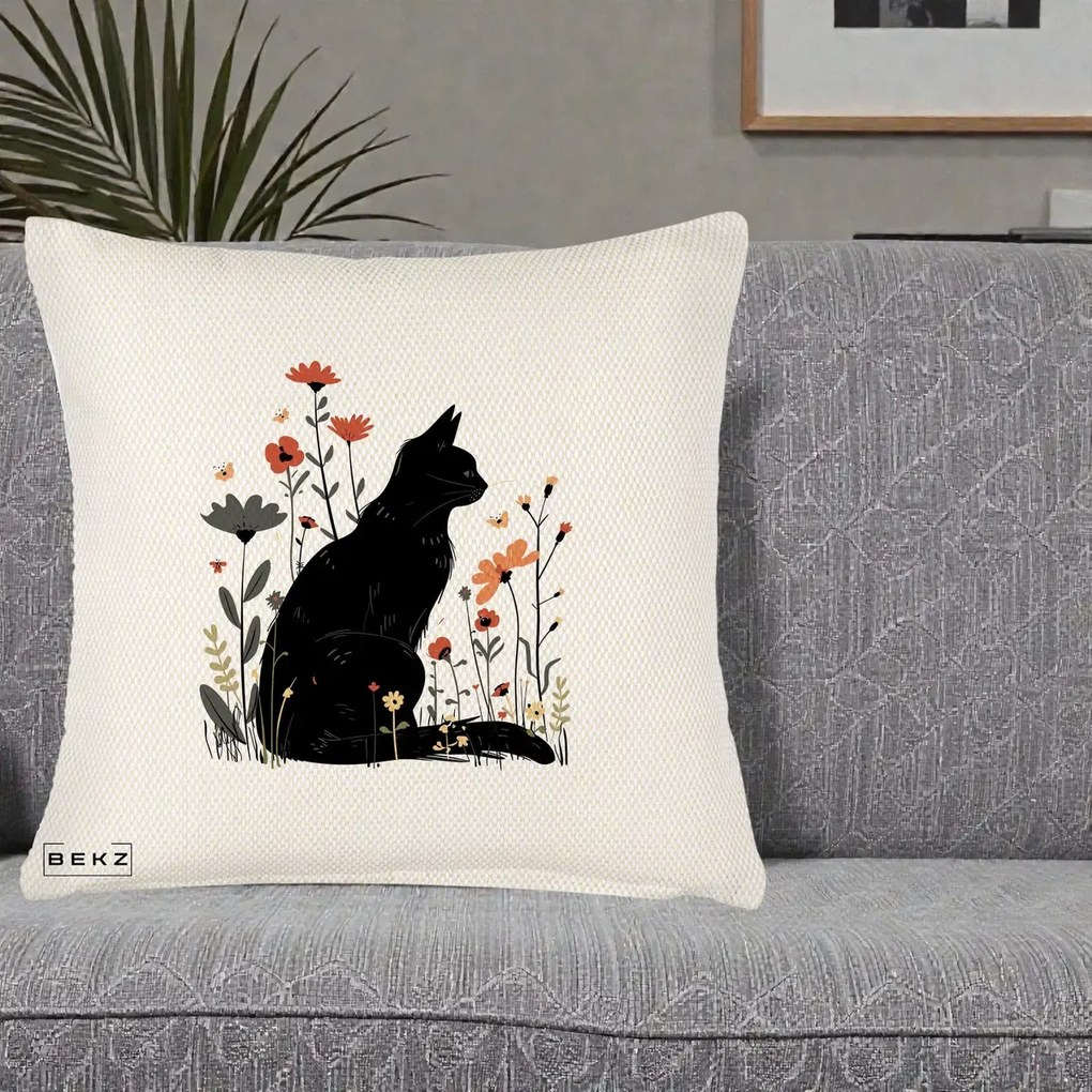 Perna Decorativa Pisica Neagra Profil Flori Portocalii, 40x40 cm, Crem Reliefat, Husa Detasabila, Perna Inclusa, BEKZ®