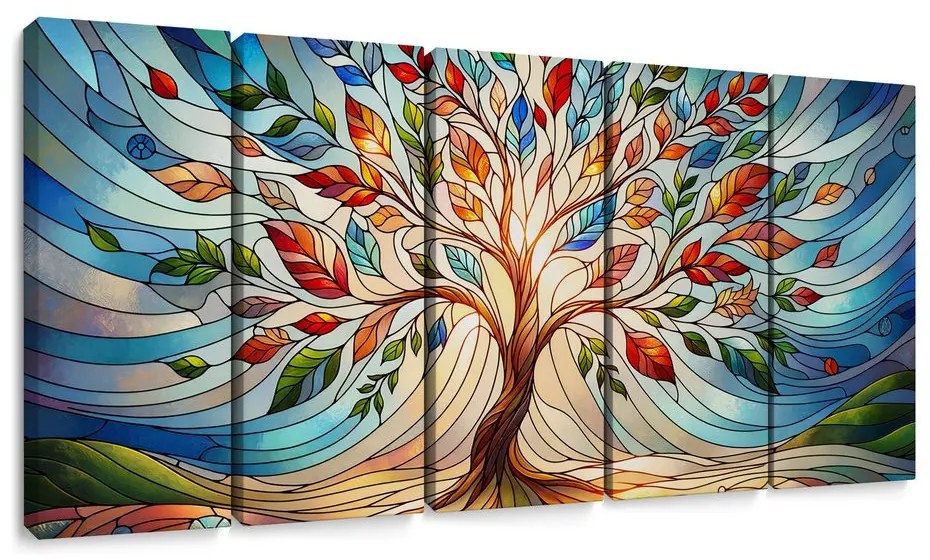 Tablou 5-piese cu arborele vieții în vitralii colorate
