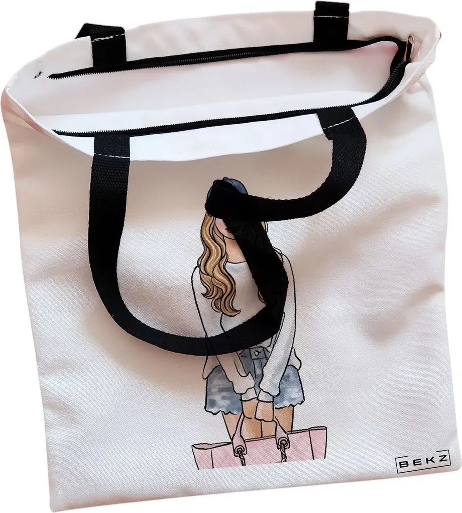 Sacosa de Panza pentru Cumparaturi, Geanta Tote, Travel Girl 4, Cu fermoar, 38x34.5 cm, Alba, BEKZ®