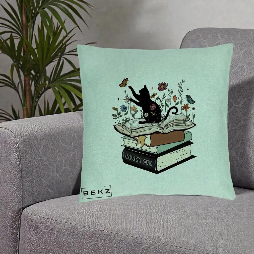 Perna Personalizata Pisica Neagra Carti Flori Fluturi, 40x40 cm, Verde Menta, Husa Detasabila, Perna Inclusa, BEKZ®