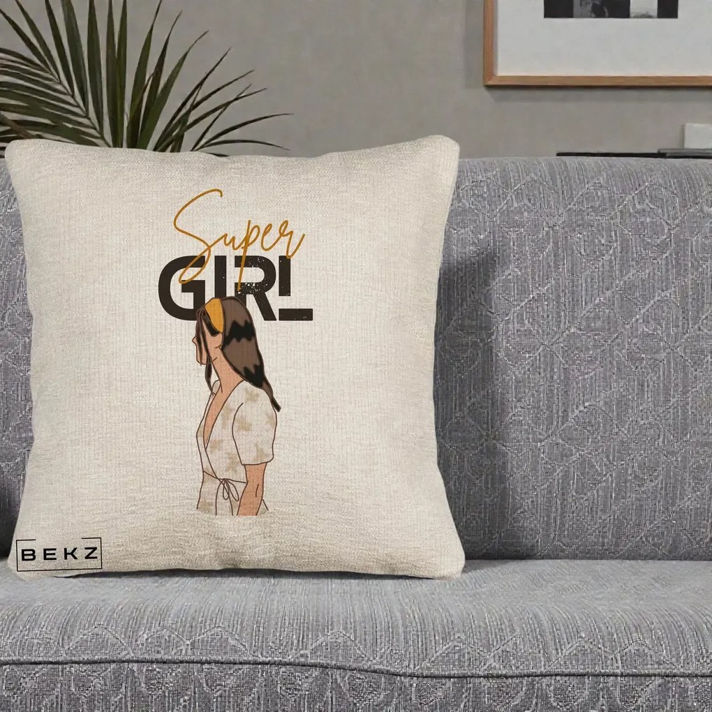 Perna Decorativa Super Girl Aesthetic, 40x40 cm, Bej Canapea, Husa Detasabila, Perna Inclusa, BEKZ®