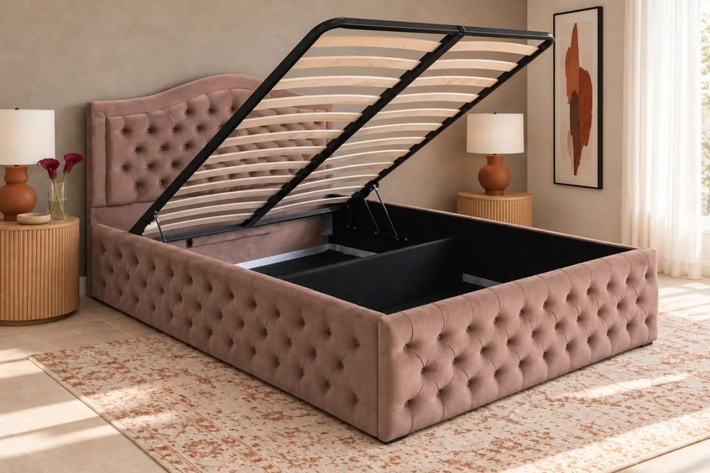 Pat tapițat Chesterfield din catifea Solaria Deluxe 180×200 cm, cappuccino, cu ladă de depozitare