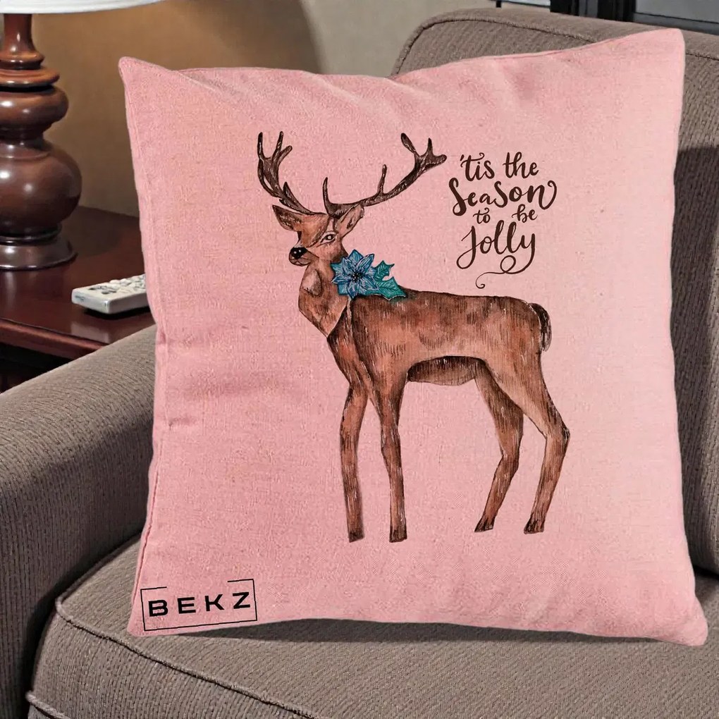 Perna Decorativa Ren Tis the Season to be Jolly, 40x40 cm, Roz, Husa Detasabila, Perna Inclusa, BEKZ®