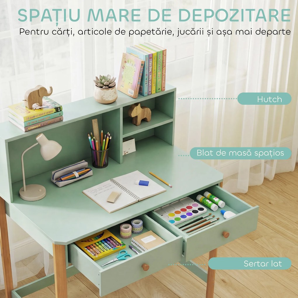 AIYAPLAY Birou pentru Copii cu 3 Compartimente și 2 Sertare, Birou din Lemn cu Spații pentru Cărți și Jucării, Banc de Școală pentru Studiu și Desen pentru Copii 5-12 Ani, Verde | Aosom Romania