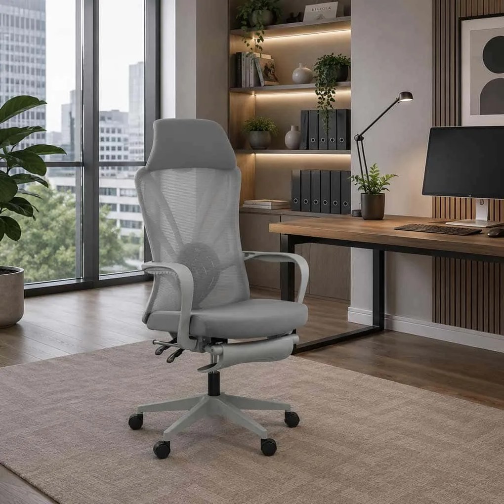 Scaun ergonomic SYYT 9512 gri, spătar rabatabil și suport picioare