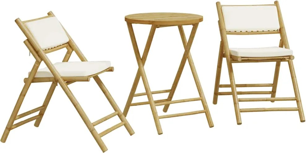 vidaXL Set de bistro pliabil, 3 piese, cu perne alb crem, bambus