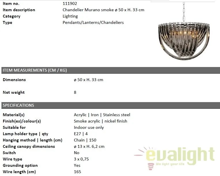 Candelabru design LUX Murano 50cm, fumuriu 111902 HZ