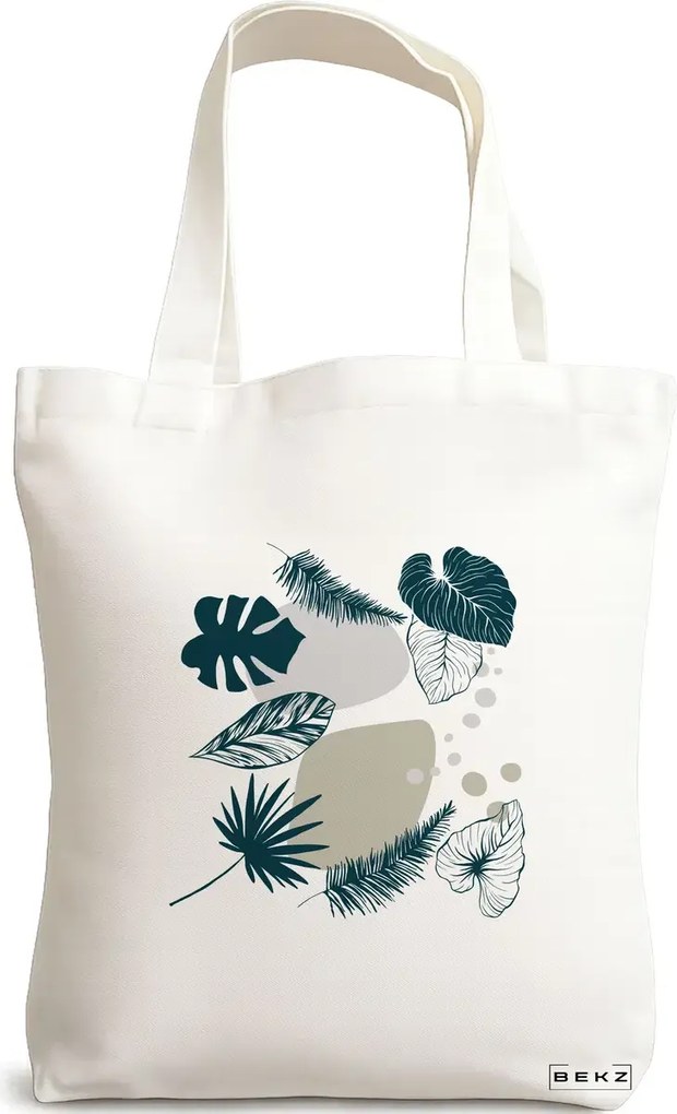 Sacosa de Panza pentru Cumparaturi, Geanta Tote, model Design Botanic, 38x34.5 cm, Alba, BEKZ®