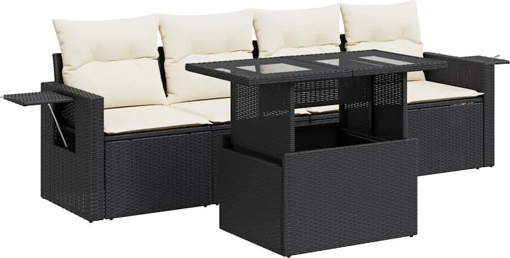 vidaXL Set mobilier de grădină cu perne, 5 piese, negru, poliratan