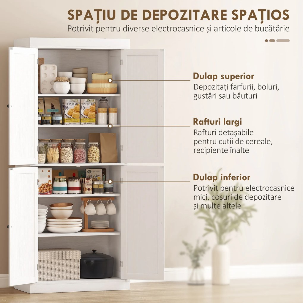 HOMCOM Dulap Înalt de Bucătărie cu 6 Rafturi și 2 Uși, Dulap cu Rafturi Reglabile din Lemn, 76x40,5x184 cm, Alb | Aosom Romania