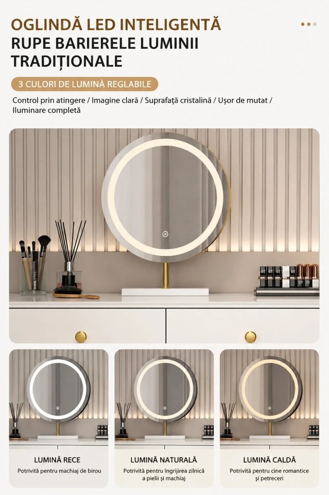 Set VICTORIA GLAM – Masă de Toaletă pentru Machiaj, cu Oglindă LED și Taburet, Accente Aurii și Blat cu efect marmură, Alb
