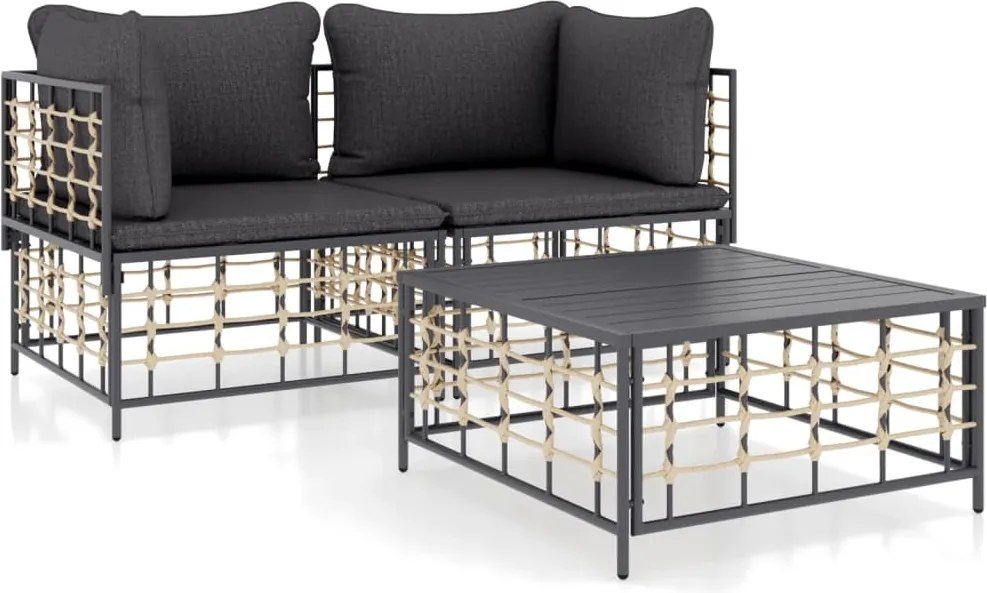 vidaXL Set șezlonguri de grădină 3 piese cu perne, antracit, poliratan