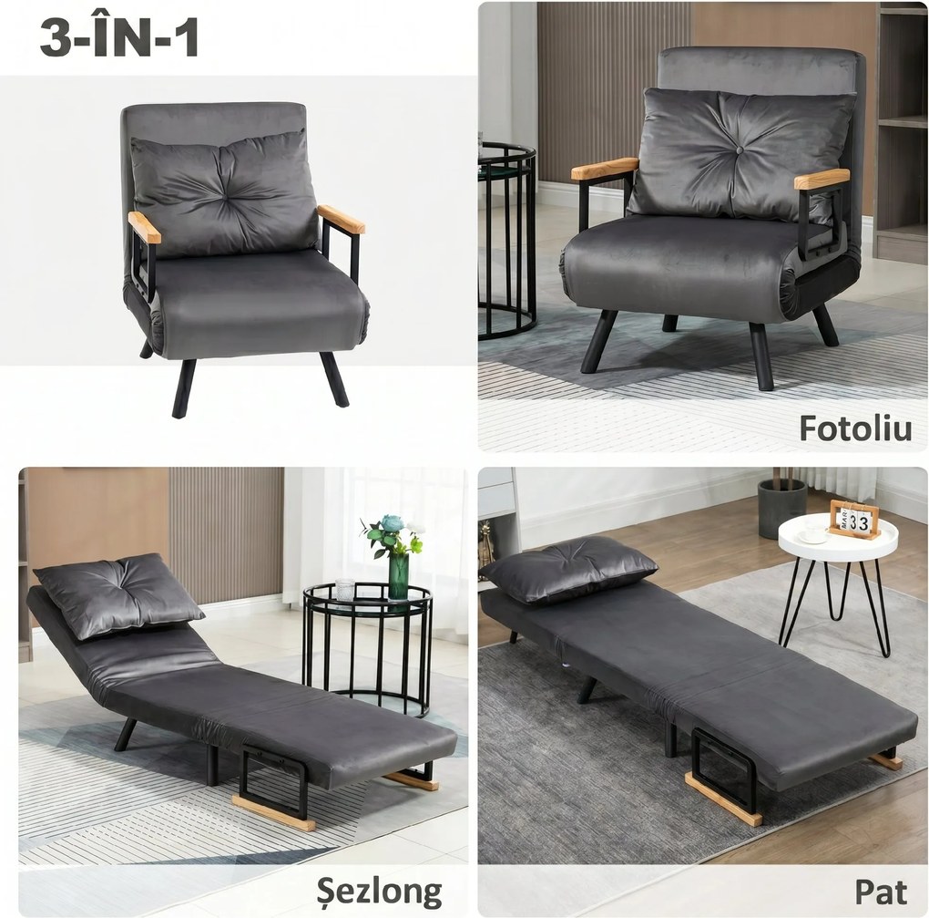 HOMCOM Canapea Extensibilă cu Spătar Reglabil pe 5 Nivele, Canapea Pat Individuală Pliabilă cu Perne, 63x73x81 cm, Gri | Aosom Romania