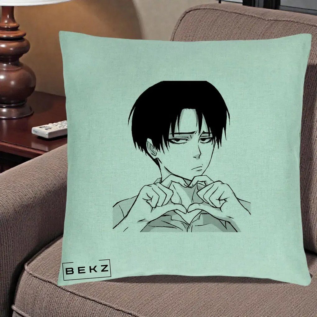 Perna Personalizata Levi Ackerman Inima, 40x40 cm, Verde Menta, Husa Detasabila, Perna Inclusa, BEKZ®