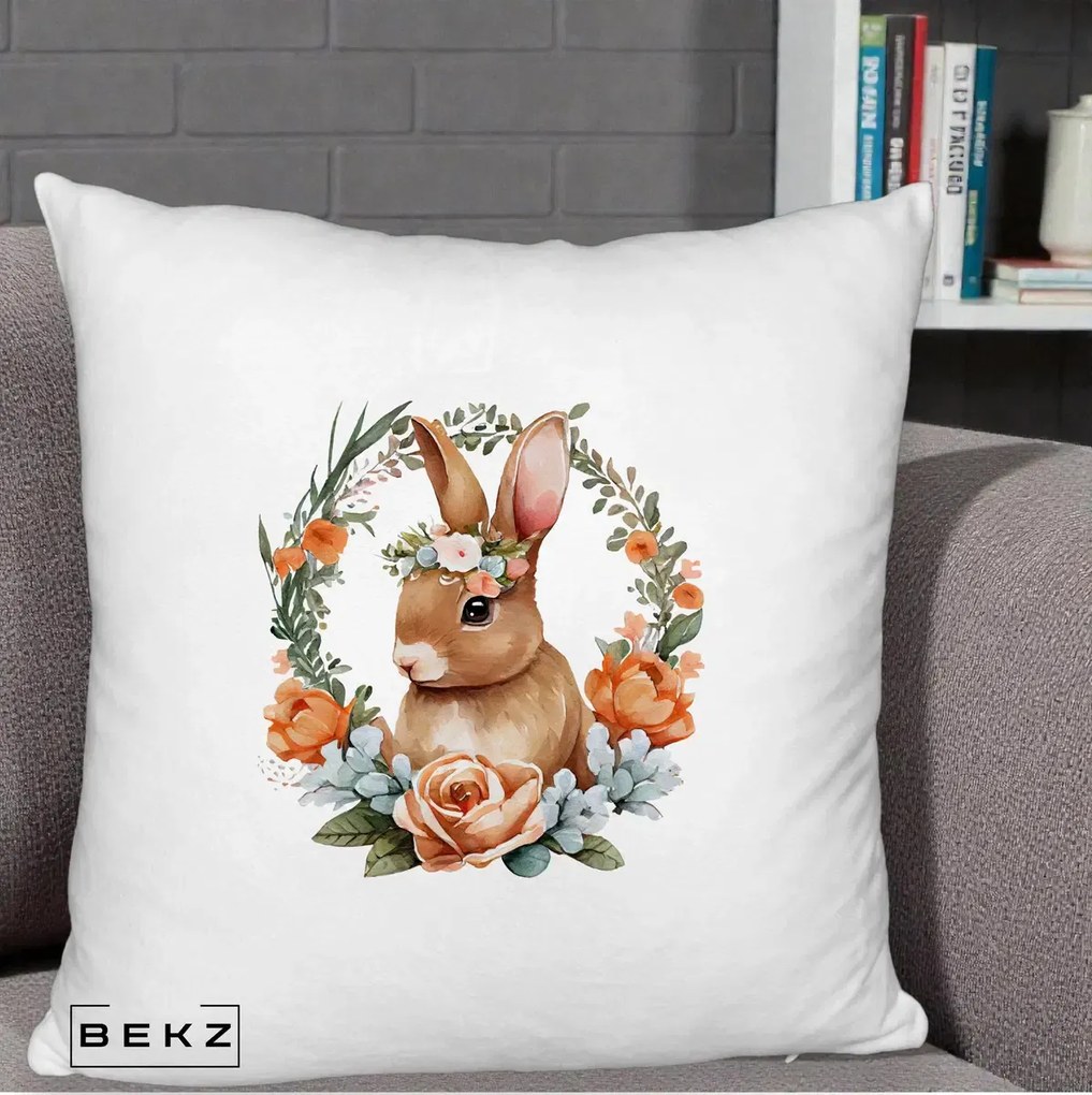 Perna Decorativa Iepuras Floral Coronita Acuarela, 40x40 cm, Alb Pufos, Husa Detasabila, Perna Inclusa, BEKZ®