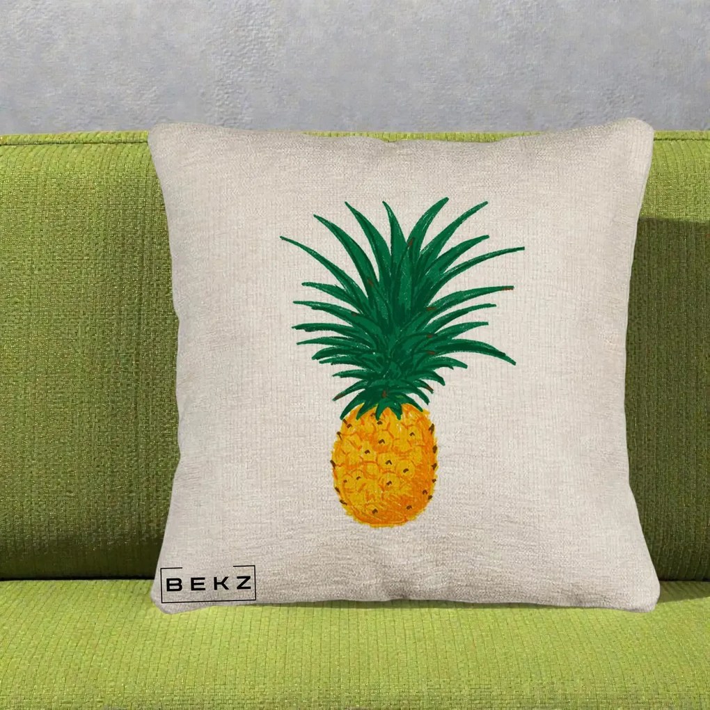 Perna Decorativa Ananas Tropical, 40x40 cm, Bej Canapea, Husa Detasabila, Perna Inclusa, BEKZ®