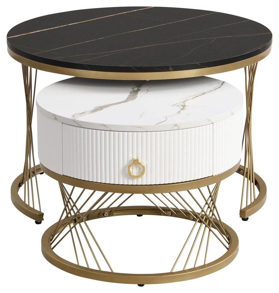 Set de 2 Măsuțe de Cafea Moderne Modulare din Marmură Sintetică cu Detalii Aurii și Sertare, Dimensiuni 70x70x45 cm și 50x50x40 cm, Negru