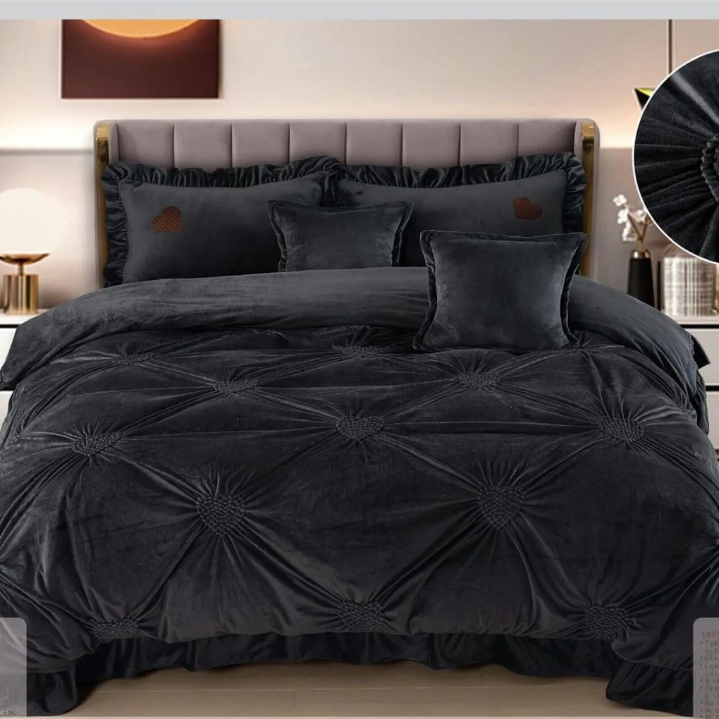 Lenjerie de pat din catifea, cu pliuri, 6 piese, pat 2 persoane, negru, RH-04
