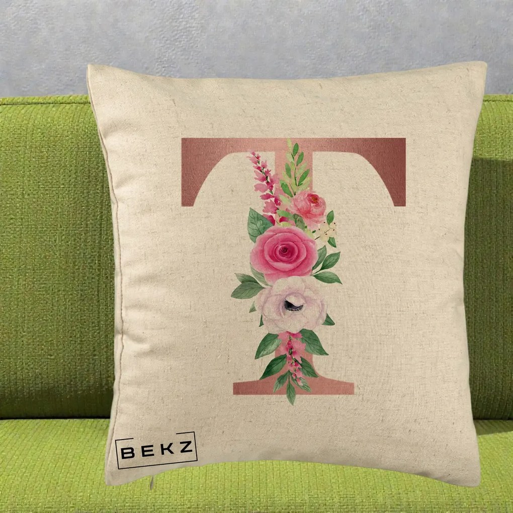 Cadou Personalizat - Perna Personalizata Monograma Rose Gold Litera T, 40x40 cm, Bej, Husa Detasabila, Perna Inclusa, BEKZ®