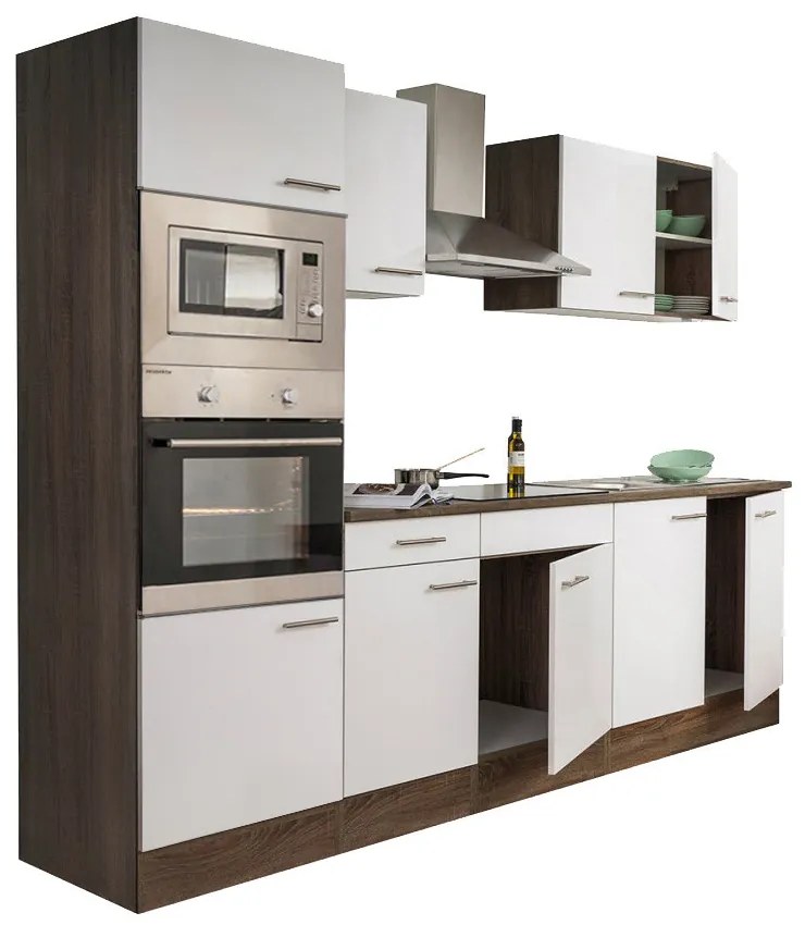 Mobilă de bucătărie Yorki cu corp din stejar Yorki, față alb satinat, dimensiune 270 cm