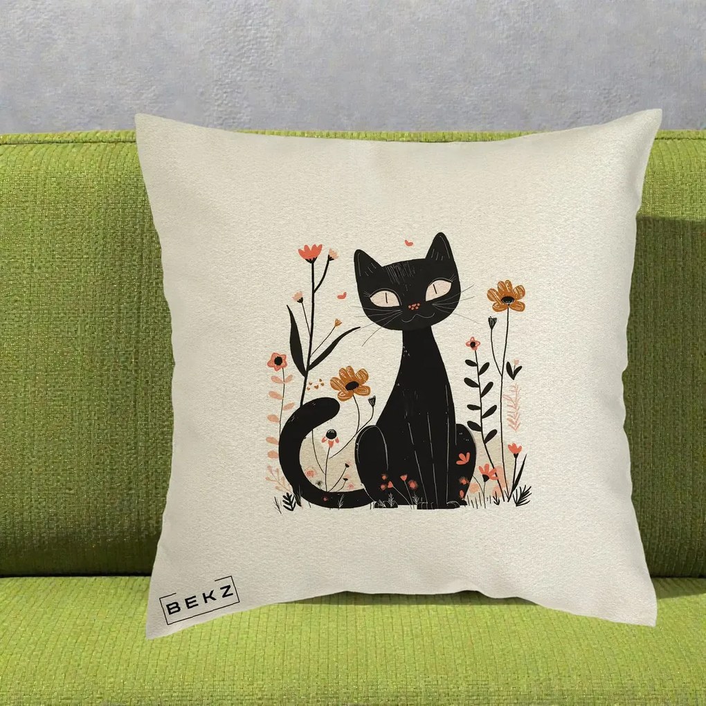 Perna Decorativa Pisica Neagra Flori Pastel Folk, 40x40 cm, Ecru, Husa Detasabila, Perna Inclusa, BEKZ®