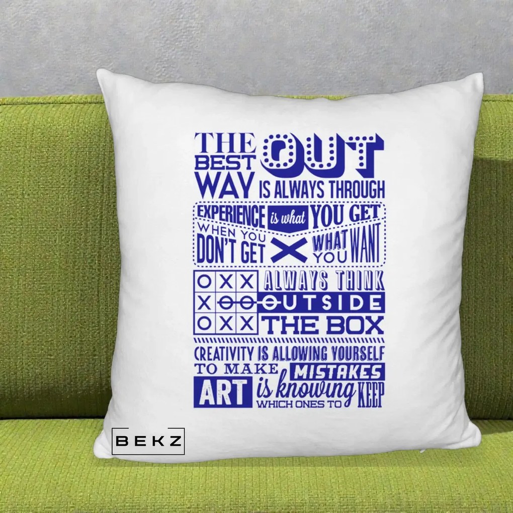 Perna Decorativa Citate Creativitate Albastru, 40x40 cm, Alb Pufos, Husa Detasabila, Perna Inclusa, BEKZ®