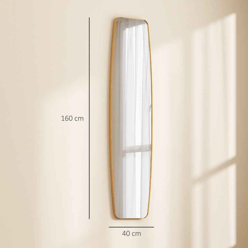 HOMCOM Oglindă mare de perete ovală 160 x 40 cm, oglindă suspendată modernă, cadru din metal și lemn, gata de agățat, auriu | Aosom Romania