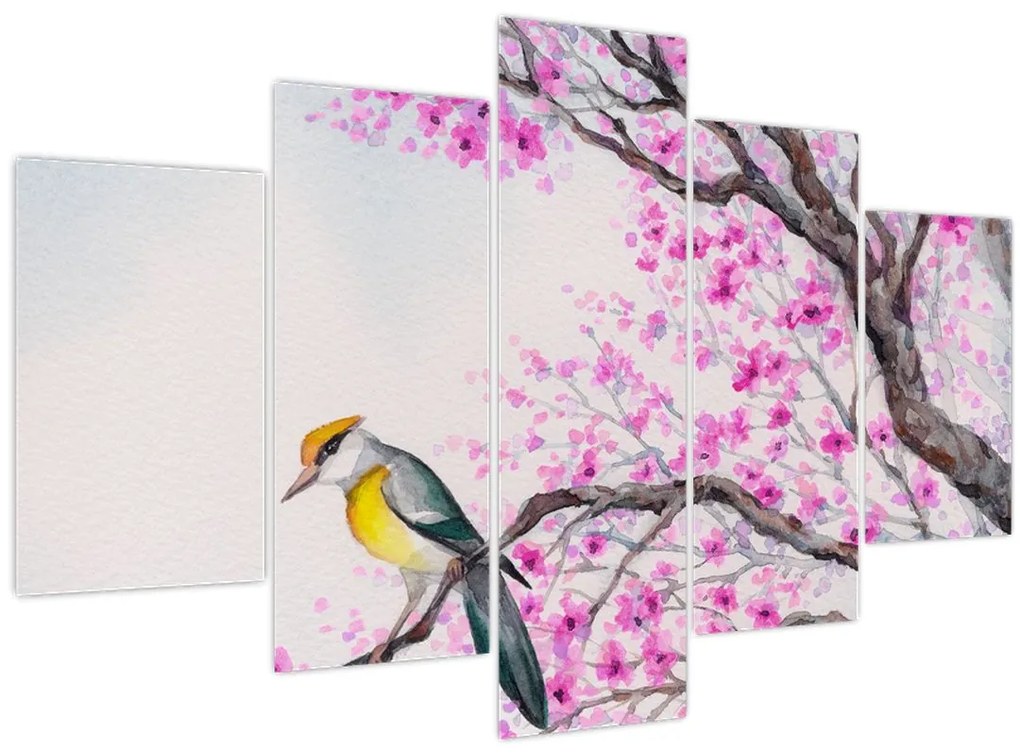 Tablou - Pasăre pe un copac cu flori roz (150x105 cm)