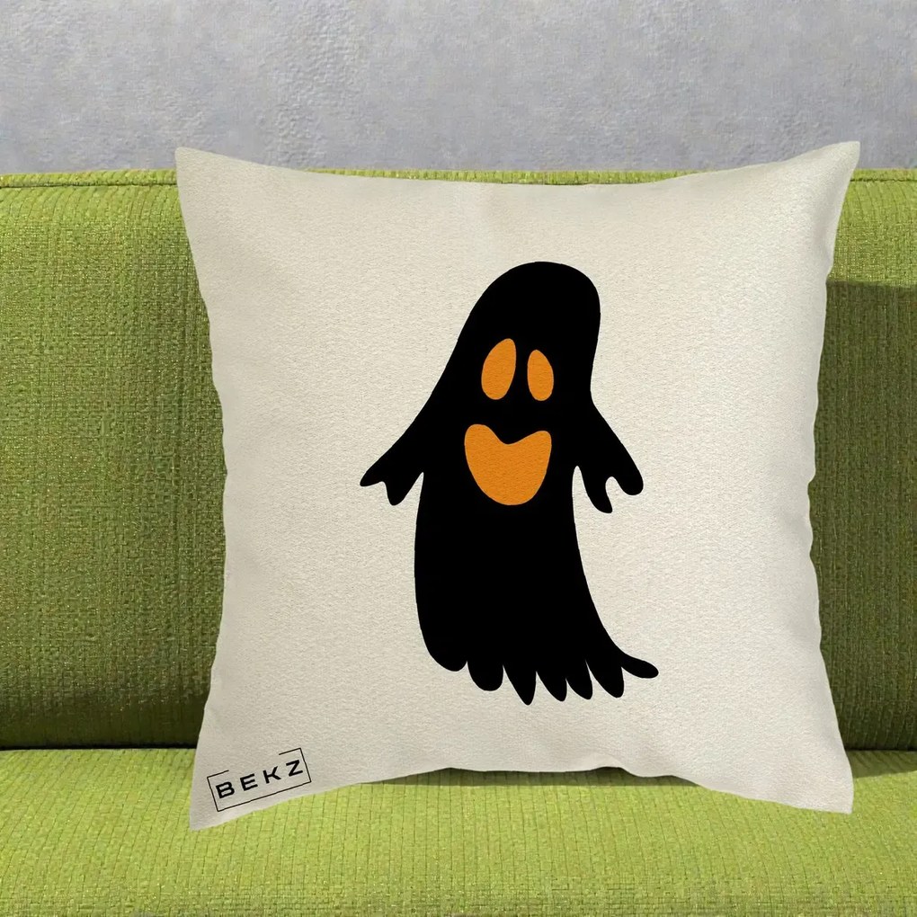 Perna Decorativa Halloween Fantoma Neagra cu Ochi Portocalii, 40x40 cm, Ecru, Husa Detasabila, Perna Inclusa, BEKZ®