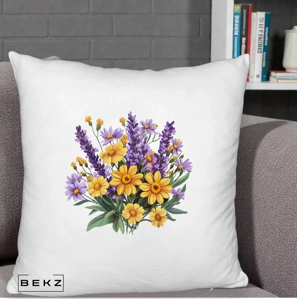 Perna Decorativa Lavanda cu Margarete Galbene si Lila, 40x40 cm, Alb Pufos, Husa Detasabila, Perna Inclusa, BEKZ®