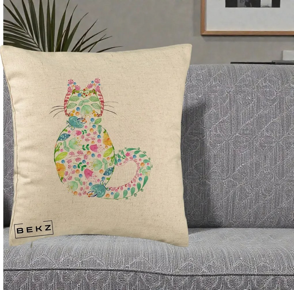 Perna Decorativa Pisica Florala Acuarela, 40x40 cm, Bej, Husa Detasabila, Perna Inclusa, BEKZ®