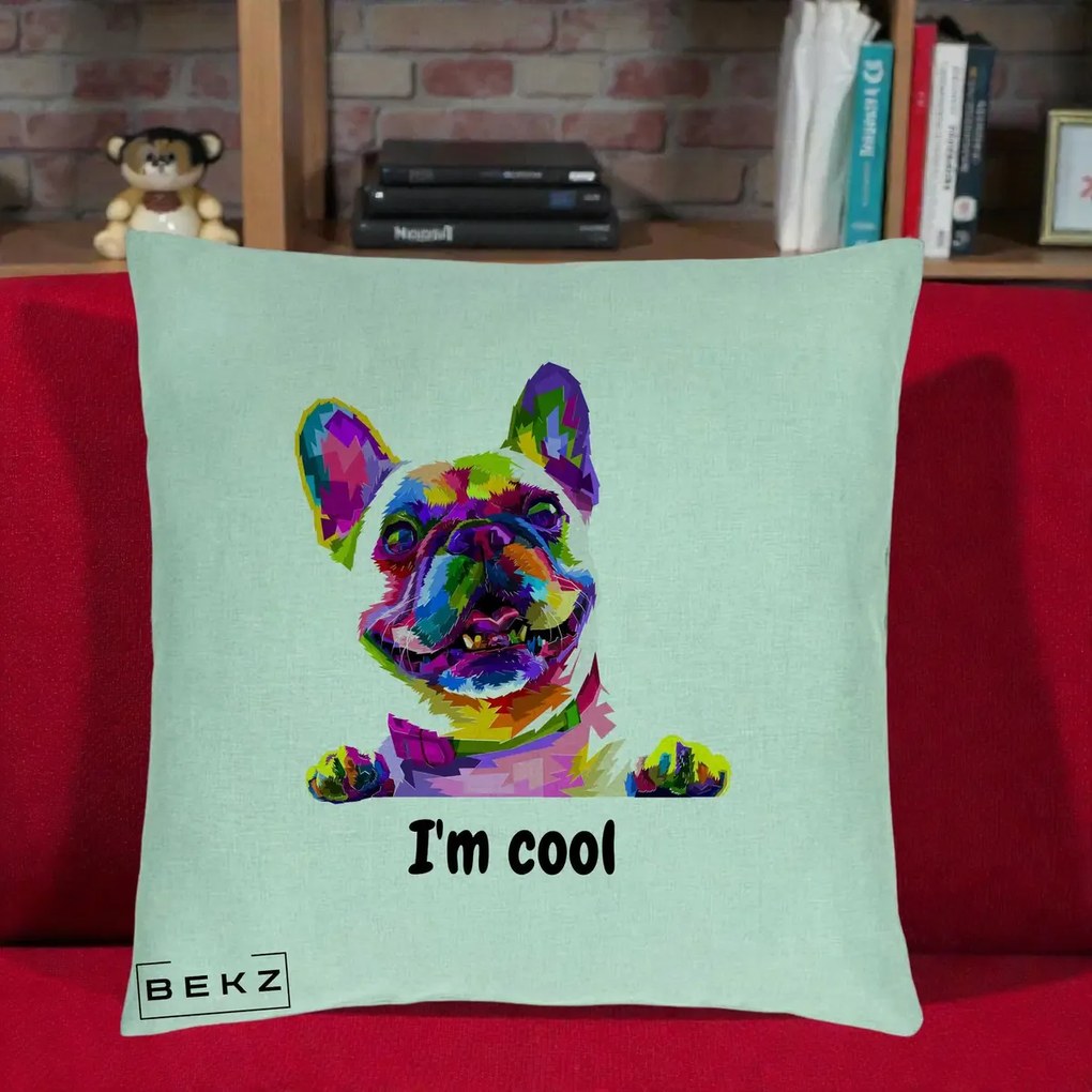 Perna Personalizata Bulldog Francez I'm Cool, 40x40 cm, Verde Menta, Husa Detasabila, Perna Inclusa, BEKZ®