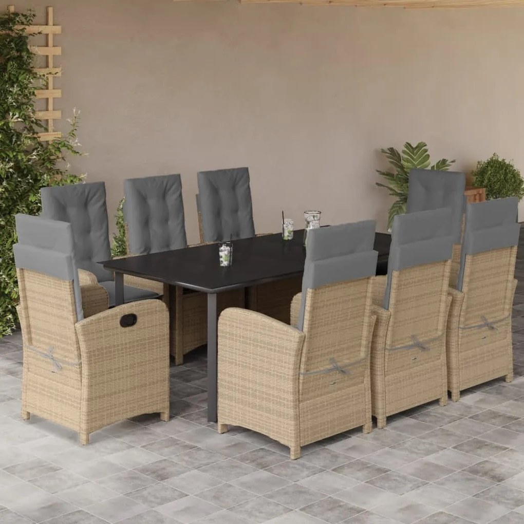 vidaXL Set de masă pentru grădină, 9 piese, cu perne, bej, poliratan