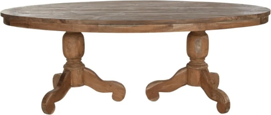 Masă dining sculptată ovală din lemn de tec, natur, 10 locuri, cu două coloane strunjite, 78 x 220 x 110 cm, „Aurea”